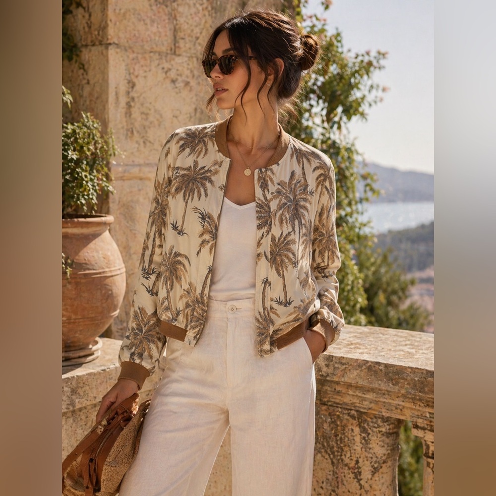 Denim & Supply Ralph Lauren Cream & Brown Palm-Print Bomber Jacket